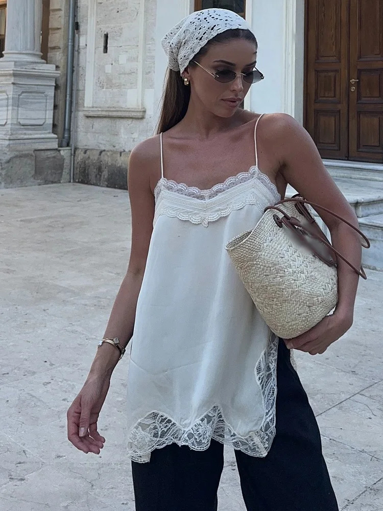 HH Female Summer Fashion V-neck Lace Spliced Split Sexy Backless Sling Top Women Elegant Party Style Casual Camisole Top 260306