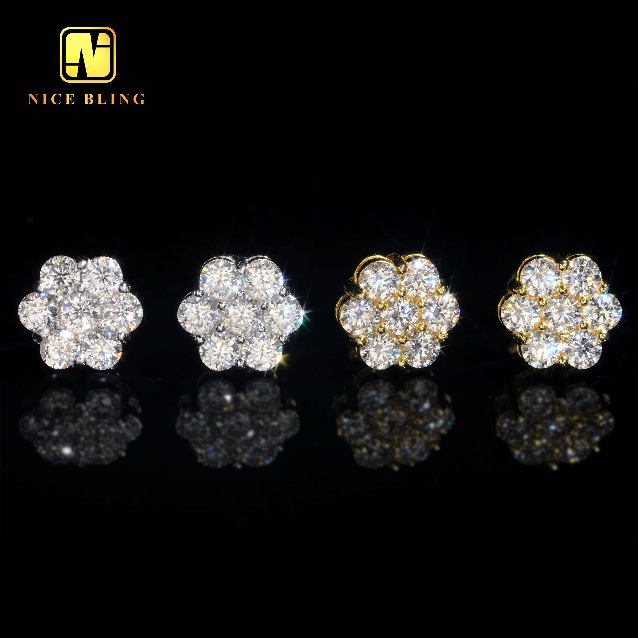 9MM Flower Earrings Trendy Silver Jewelry Hip Hop Fashion Cluster Earrings Moissanite Diamond Ear Studs for Men Women