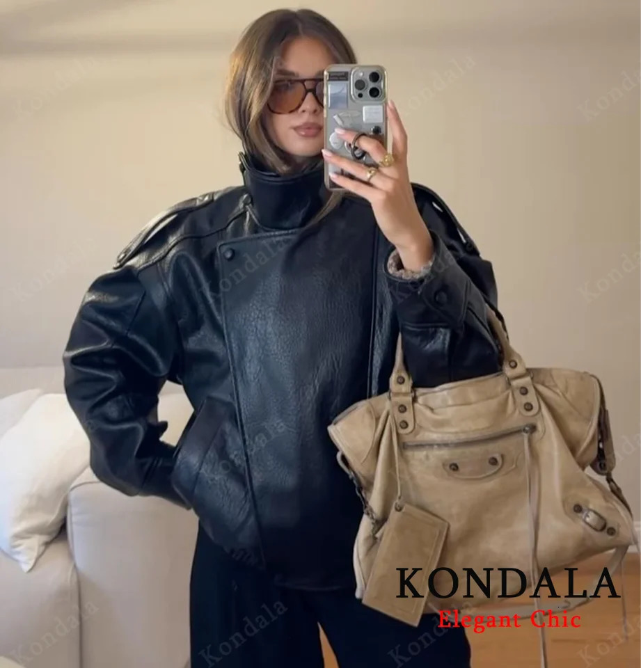 Women Fall Winter Leather Standing Collar Jacket Faux PU Zipper Pilot Jacket Coat Casual Fashion Outwear Ladies Jacket 260306