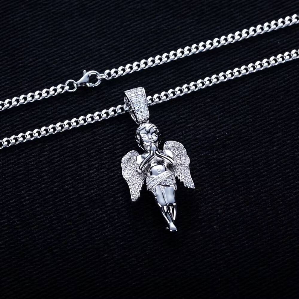 Hip Hop Angel Design Moissanite Pendant Necklace 925 Sterling Silver Edgy Streetwear Accessory