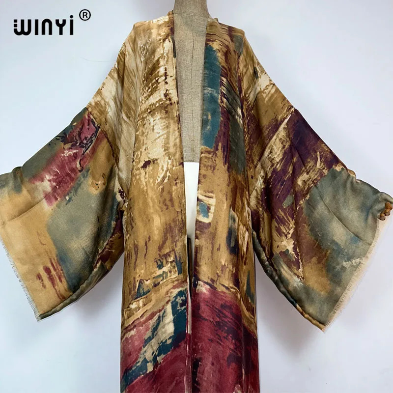 WINYI kimono Oil print Bikini Coverup Elegant beach outfits for women sexy cotton feeling vestidos para mujer dress kaftan 260228