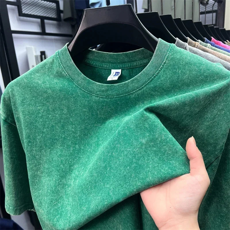 Summer Mens Washed 230G Heavy Cotton T-Shirts Vintage Faded Color Oversized Unisex Basic Tee Short Sleeve Loose Workout Tops 260304