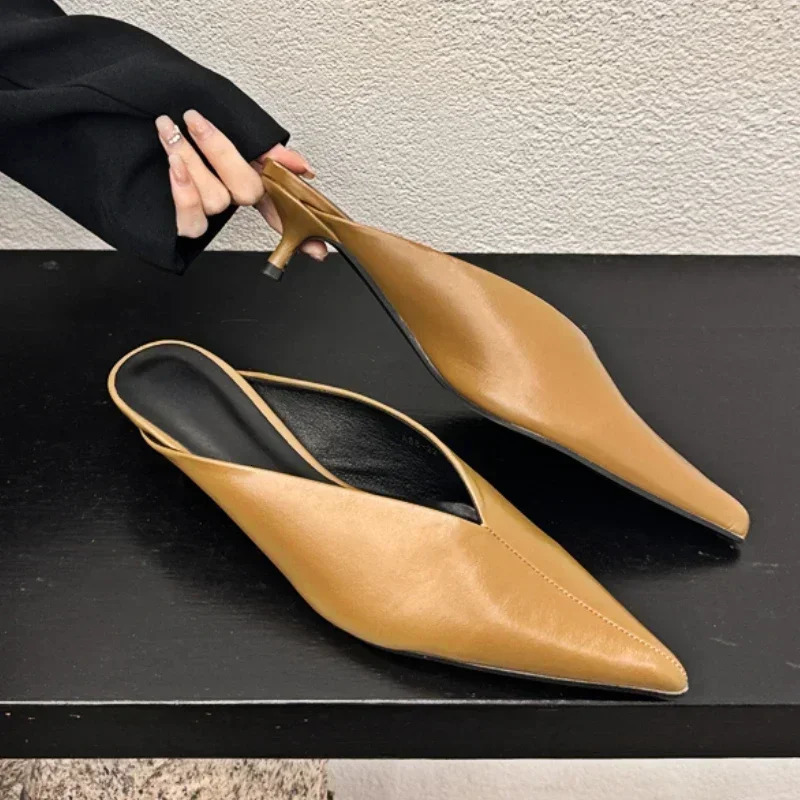 Comemore Fashion Pointed Toe Mules Slippers Women Low Heel Slingback Sandals Ladies Elegant Dress Slides Comfort Pumps Women 260303