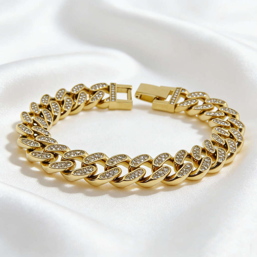 Cross-Border Hot-Selling Full Diamond Men's High-Quality Titanium Steel Hip-Hop Cuban Bracelet Jewelry Factory In-Stock Wholesale