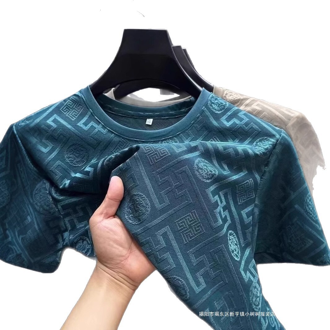 High-End Fashion Daily Luxury Clothing Foreign Trade Men's New Short Sleeve T-Shirt Round Neck Half Sleeve Summer Ice Silk T-Shirt Top Trendy One