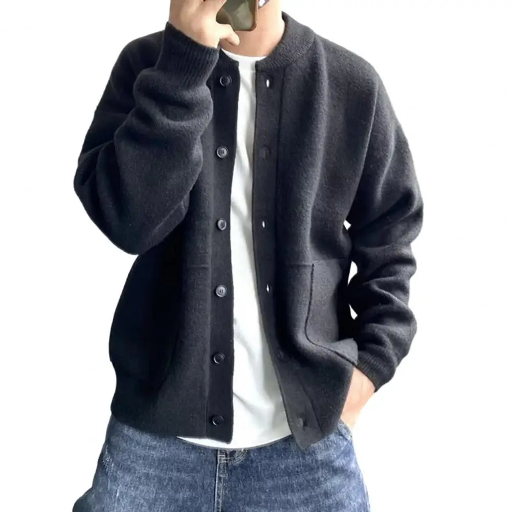 Sweater Coat Mens Round Neck Knitted Cardigan Sweater with Single-breasted Closure Solid Color Long Sleeve Coat for Warmth 260306