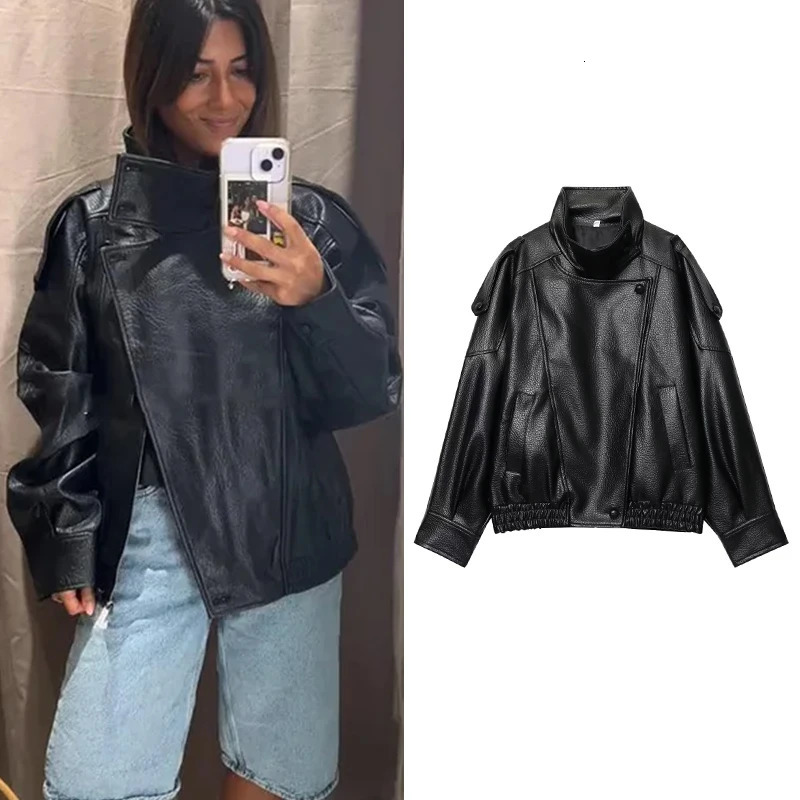 TFMLN Chic Black Faux Leather Jackets Women Long Sleeve Buttons Elastic Oversized Coats Fashion Autumn Winter Streetwear 260306