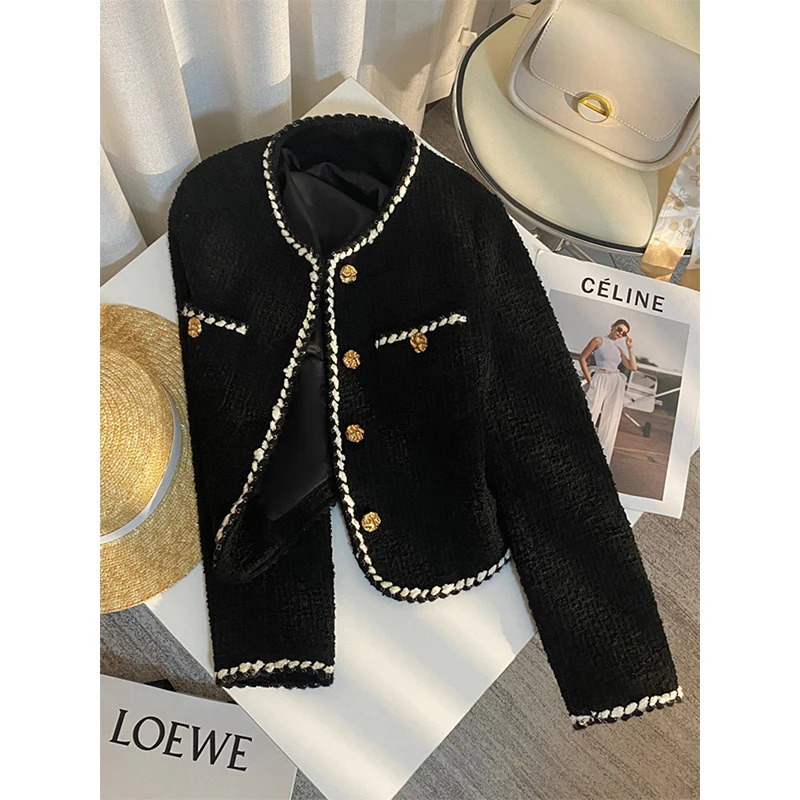 MEXZT Vintage Tweed Jacket Women Elegant Cropped Quilted Coat Commute Black Blazer Winter Ladies Korean Short Outerwear Tops 260306