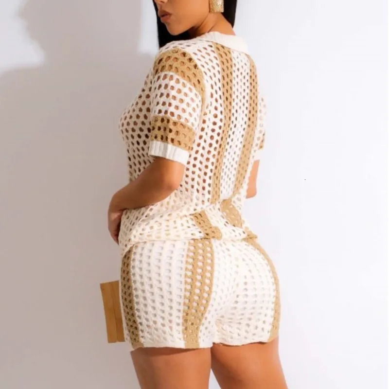 Womens Two Pieces Set Knit Ribbed Crochet Patchwork Outfits Short Sleeve Shirt Sweater Suit Outfit Tracksuit 260306