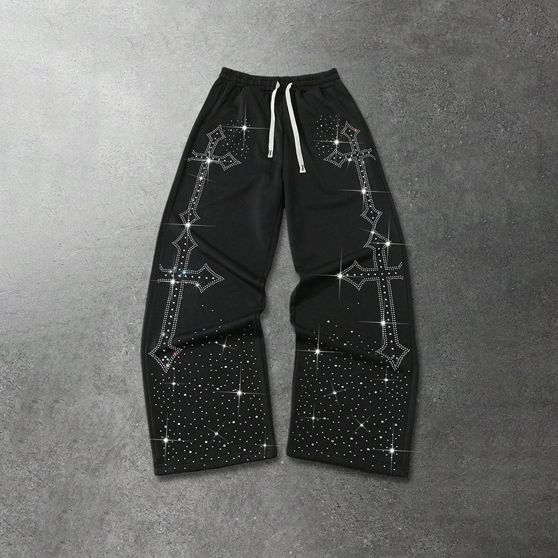 Luxury Brand Designer Clothes New European And American Style Cross-Studded Star Pants For Men And Women, Black Trendy Drawstring Elastic Waist Wide-L
