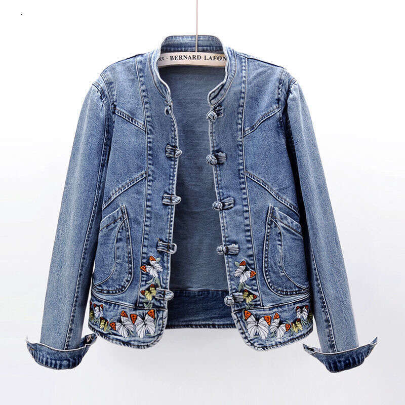 Mardi Hefxessdr 2023 Autumn New Chinese Style Embroidered Stretch Denim Women, Loose Vintage Trendy Short Jacket Top for Women