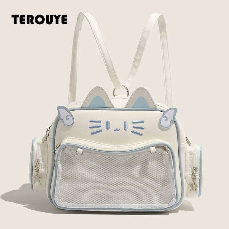 Women's Fashion Backpacks Y2k Korean Japan Kawaii Cat Ita Bag PU Cute Girls Transparent Pocket Aesthetic Shoulder Crossbody Bags TEROUYE