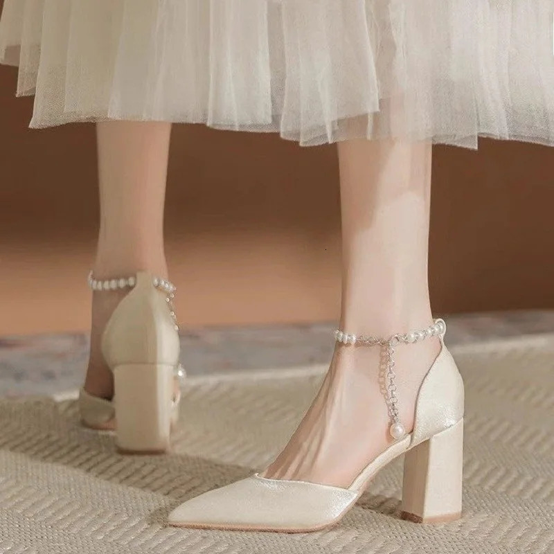 Elegant Pearl-Embellished Satin Heels - 5cm Chunky Low Heel Bridal Shoes with Adjustable Ankle Strap 260303