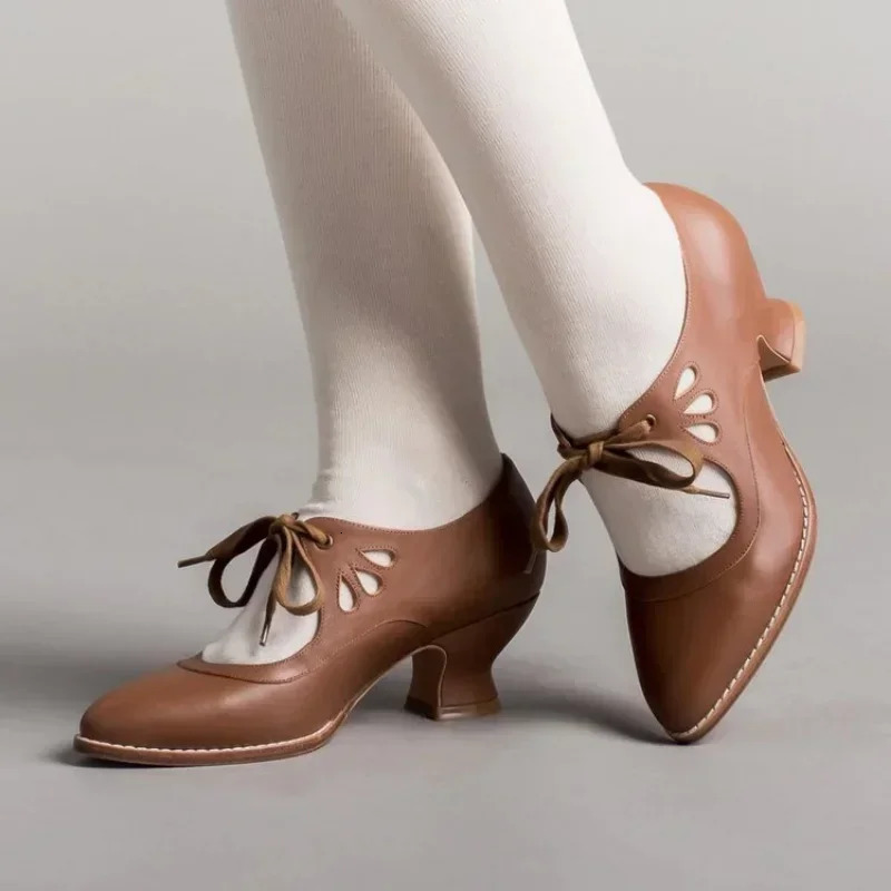 Retro Jane Pumps Woman Vintage Lace Up Low Heel Dress Zapatos Ladies Butterfly Wing Derby Shoes Plus Size 260306