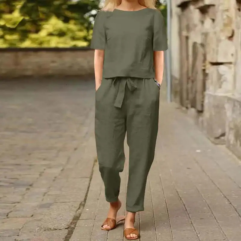 Womens Cotton Linen Suit Summer Matching Halfsleeved Round Neck Tie Elastic Waist Trousers Wideleg Pants Retro 260306