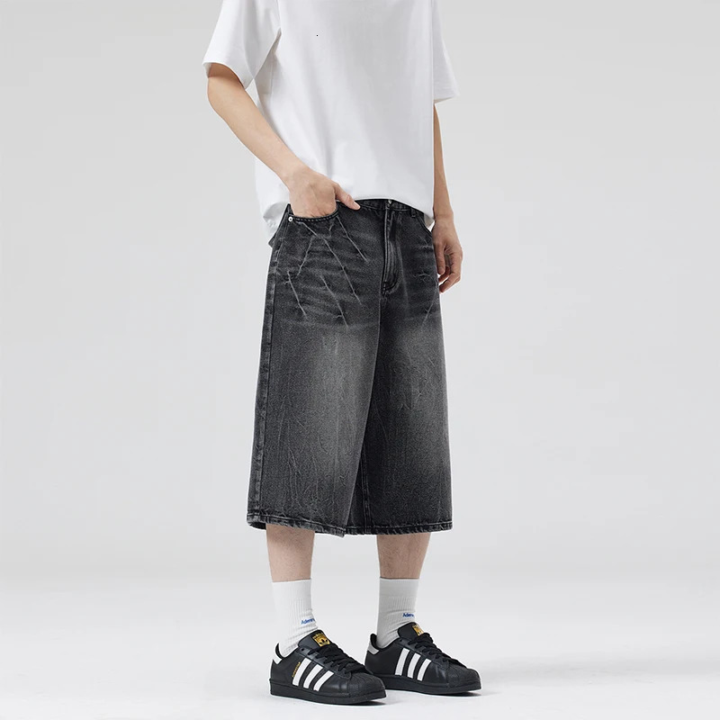 Summer American Lightning Crack Black Grey Jeans Mens Straight Tube Loose Wide Leg Shorts Y2k Street Hip Hop Sevens 260306