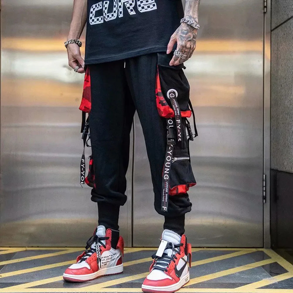 Joggers Cargo Pants for Men Casual Hip Hop Hit Color Pocket Male Trousers Sweatpants Streetwear Ribbons Techwear Pants 260305