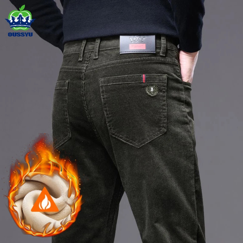 Winter Warm Fleece Army Green Mens Corduroy Pants Thicken Business Small Straight Slim Outdoors Cargo Work Casual Trouser Male 260305