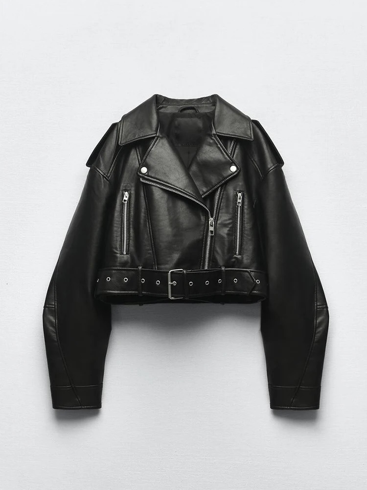 Ailegogo Spring Autumn Women Faux Pu Leather Short Jacket with Belt Motorcycle Biker Female Zipper Lapel Loose Coat Outwear 260306