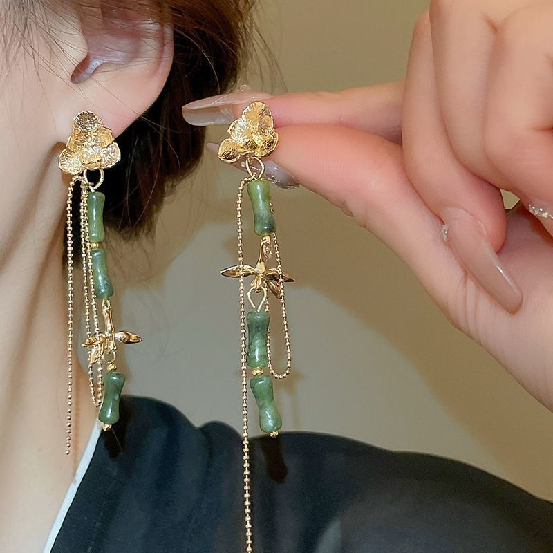 S925 Silver Green Jade Crystal Chinese Ethnic Tassel Dangle Earrings for Women Bamboo Shape Neo-chinese Style Temperament Charms Elegant Delicate Jewe - view 5
