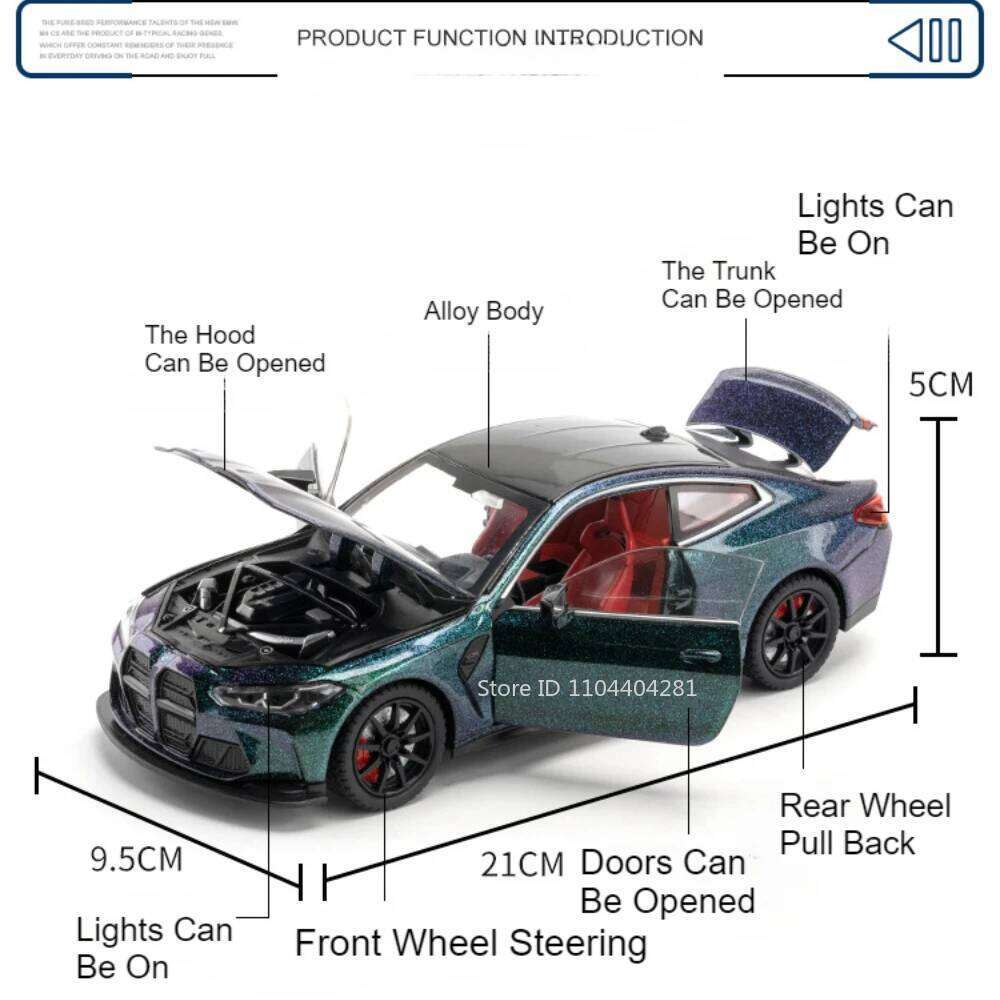 1:24 M4 M3 Miniature Model Toys Diecast Alloy Car with Sound Light Pull Back Doors Opened Front Wheel Steering Vehices Kids Gift Z260307