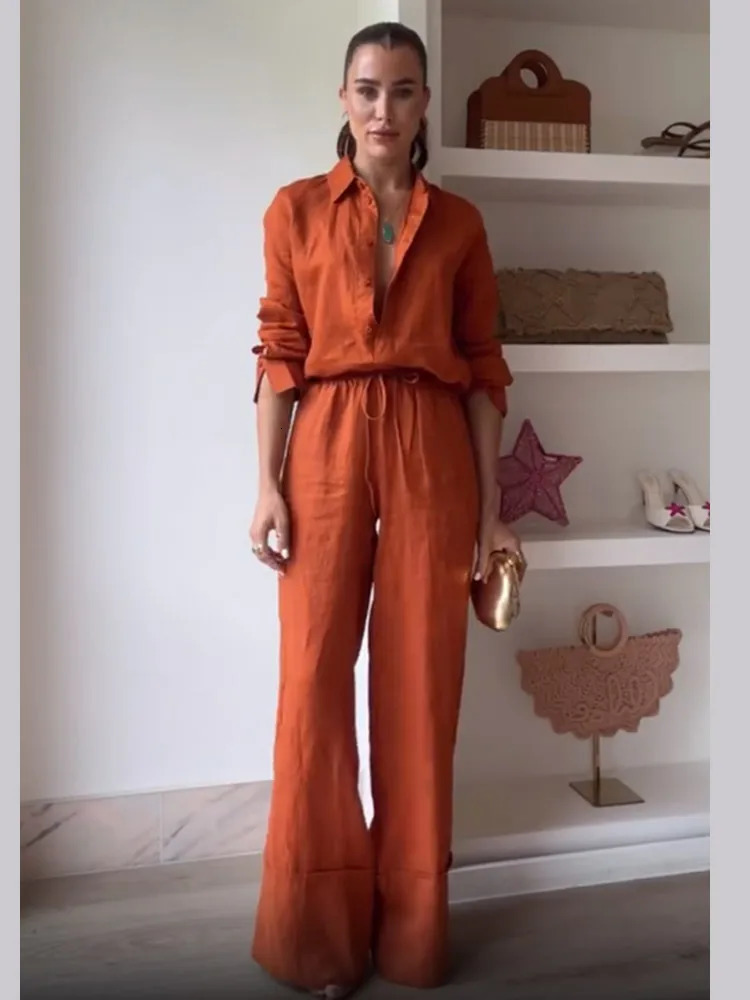 Cotton Linen Womens Pant Set Casual Loose Solid Buttons Shirt Pants Outfit Summer Lady Daily Chic Trousers Suit 260306