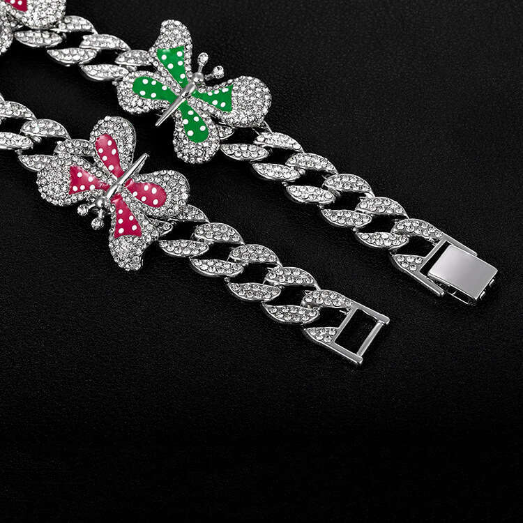 High-Quality European and American INS Jewelry Full Diamond Oil Drop Butterfly Cuban Hip-Hop Necklace Collarbone Chain for Women Wholesale