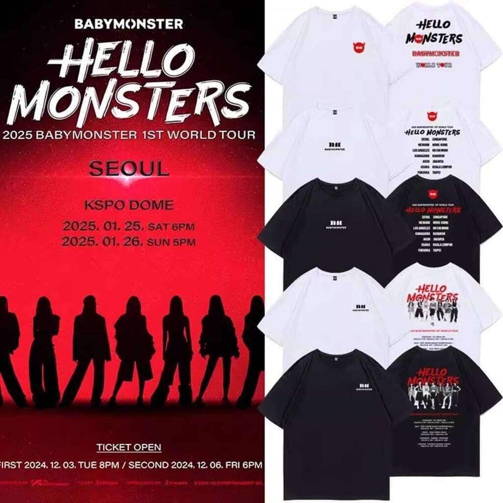 Kpop BABYMONSTER Song HELLO MONSTERS Letter Printed Cotton Top Summer Women'S Casual Harajuku O-Neck Short Sleeves XJ260306 XJ260306