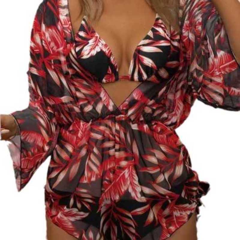 Women's Swimwear New Three-Piece Bikini Set Leaf Print Waist-Tie Fashion Long Sleeve Beach Sun Protection Swimsuit