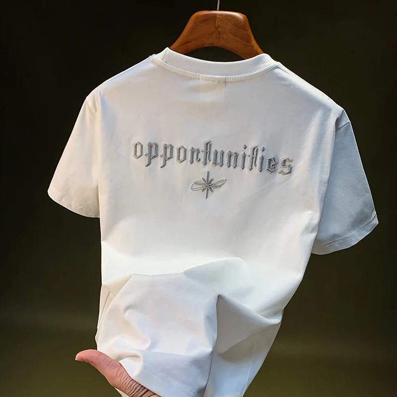 Summer highend embroidered Tshirt mens trendy loose and comfortable elastic short sleeved top casual versatile clothing 260302