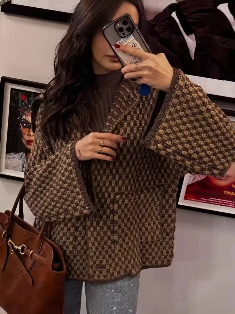 Autumn Brown Long Sleeve Knitted Cardigans Women Elegant Lapel Single Breasted Loose Sweater Coat Knitwear Korean Style 260305