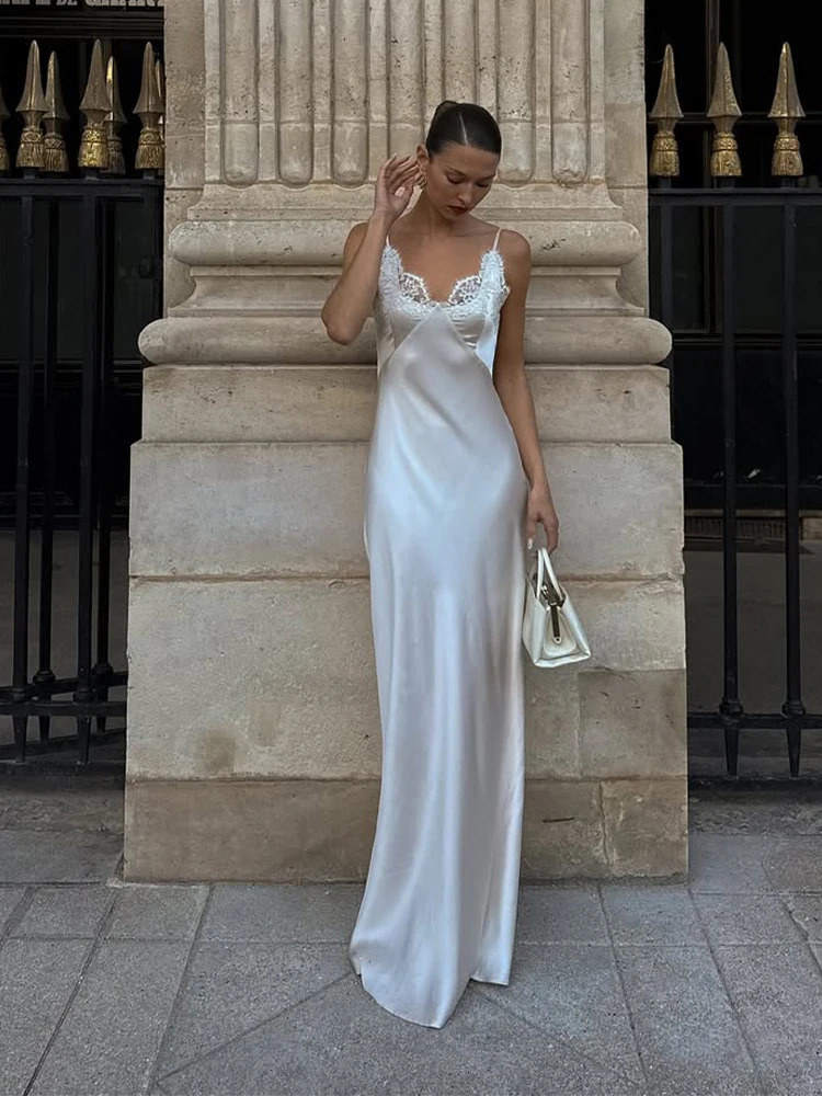 Lace Patchwork Sling Maxi Dress Women Sexy Solid Vneck Sleeveless Backless Satin Slim Long Gown Lady Chic Evening Party Dresses 260306
