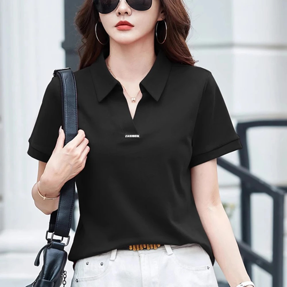 European Station Polo Neck Short sleeved Tshirt Womens Summer Fashion Light Loose Large Cotton Vneck Casual Top 260228