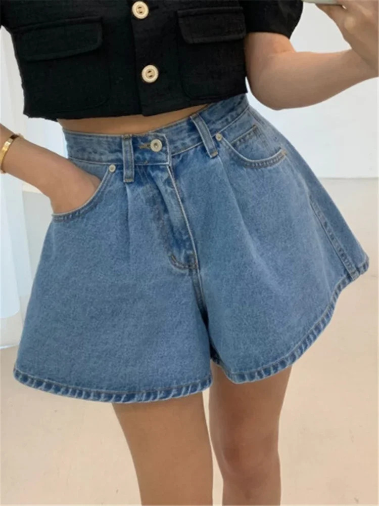 REALEFT High Waist Washed Womens Denim Wide Leg Shorts Summer Buttons Casual Female Blue Jeans Trouses Pockets 260306