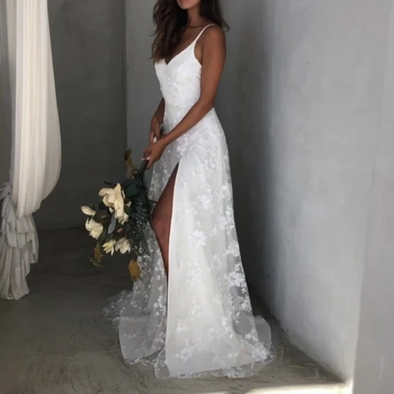 Elegant Ladies Backless High Split Party Dress Sexy Sling V Neck Jacquard Mesh Long Fashion White Wedding 260306