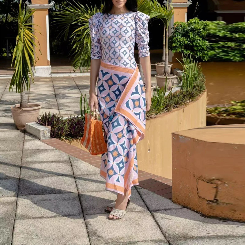 Fashion Slim Long Sleeve Bodysuit Half Skirts Outfits Summer Beach Vacation 2 Piece Casual Pattern Printed Swimsuits Suits 260306