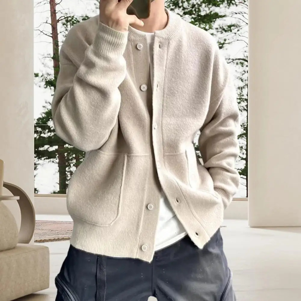 Sweater Coat Mens Round Neck Knitted Cardigan Sweater with Single-breasted Closure Solid Color Long Sleeve Coat for Warmth 260306