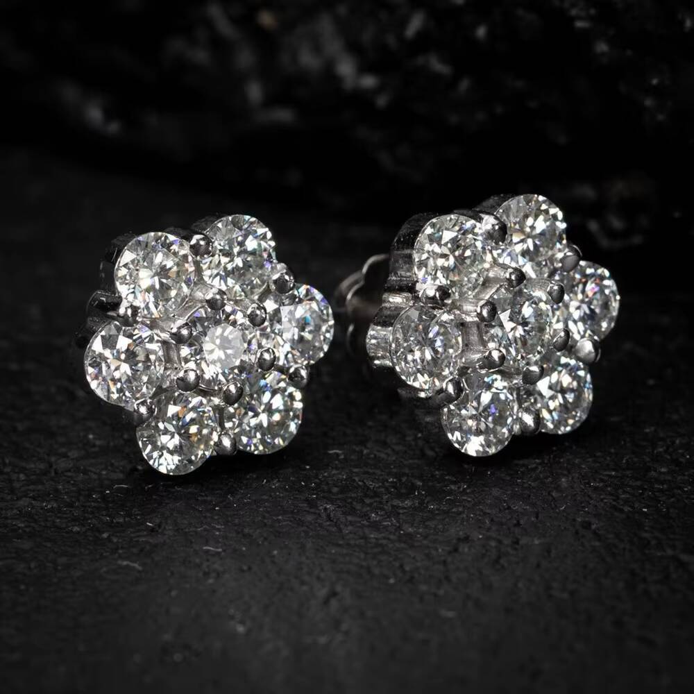 Ready to Ship GRA Hip Hop Stud Earrings Moissanite Men Earrings 925 Sterling Silver Cluster Flower 9mm Moissanite Rings