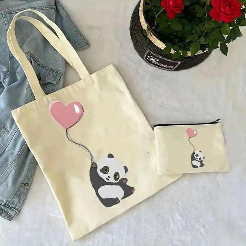 2 Pcs Cute Panda Ladies Handbag Cosmetic Bag Canvas Shoulder Ecofriendly Large Capacity Fashion Shopping Wallet 260307