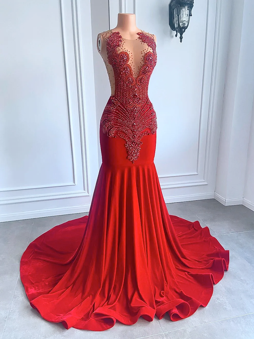 Gorgeous Long Prom Pageant Dresses 2026 Luxury Sparkly Beaded Diamond Sexy Mermaid Sheer Top Black Girl Velvet Evening Party Formal Gowns Robe De Sori