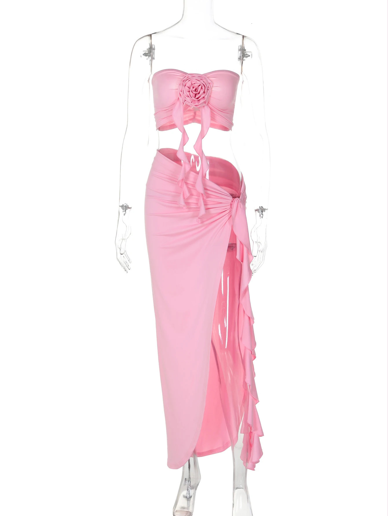 Hugcitar Elegant 2 Pcs Sets Strapless Tie Flower Draped Sexy Crop Tank Top Slit Tassel Maxi Skirt Women Outfit Birthday Festival 260306
