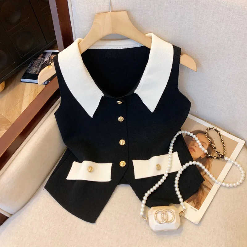 Women French Color Block Sleeveless Vest VNeck Knit Tank Top Lapel Collar Elegant Preppy Cropped Waistcoat Casual 260306