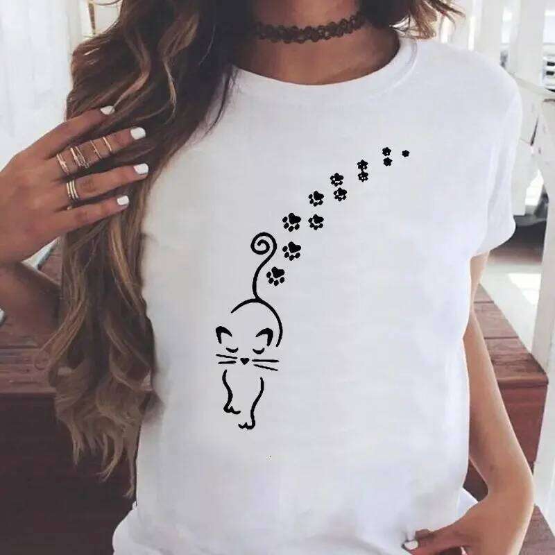 Fashion Women Cartoon Cat Love Pet Lovely Style Shirt Print T-shirts Stylish Short Sleeve Graphic T Top Female Tee T-Shirt XJ260306 XJ260306