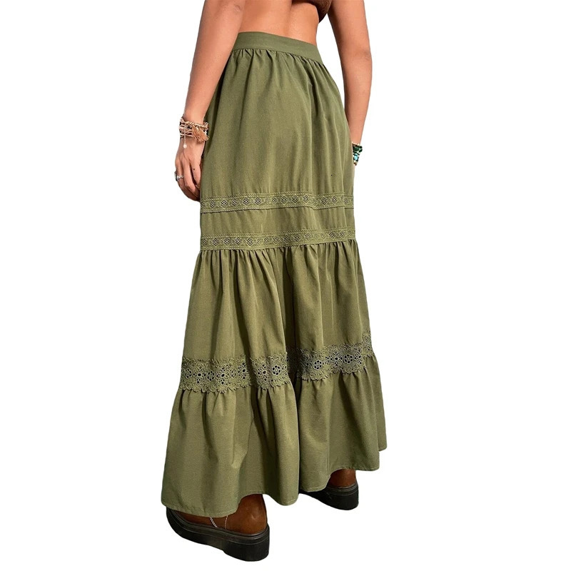 90s Vintage Green Pleated Skirts Korean Fashion Holiday Boho High Waist Long Skirts Retro Y2K Fairycore Cute Lace Trim Clothes 260306