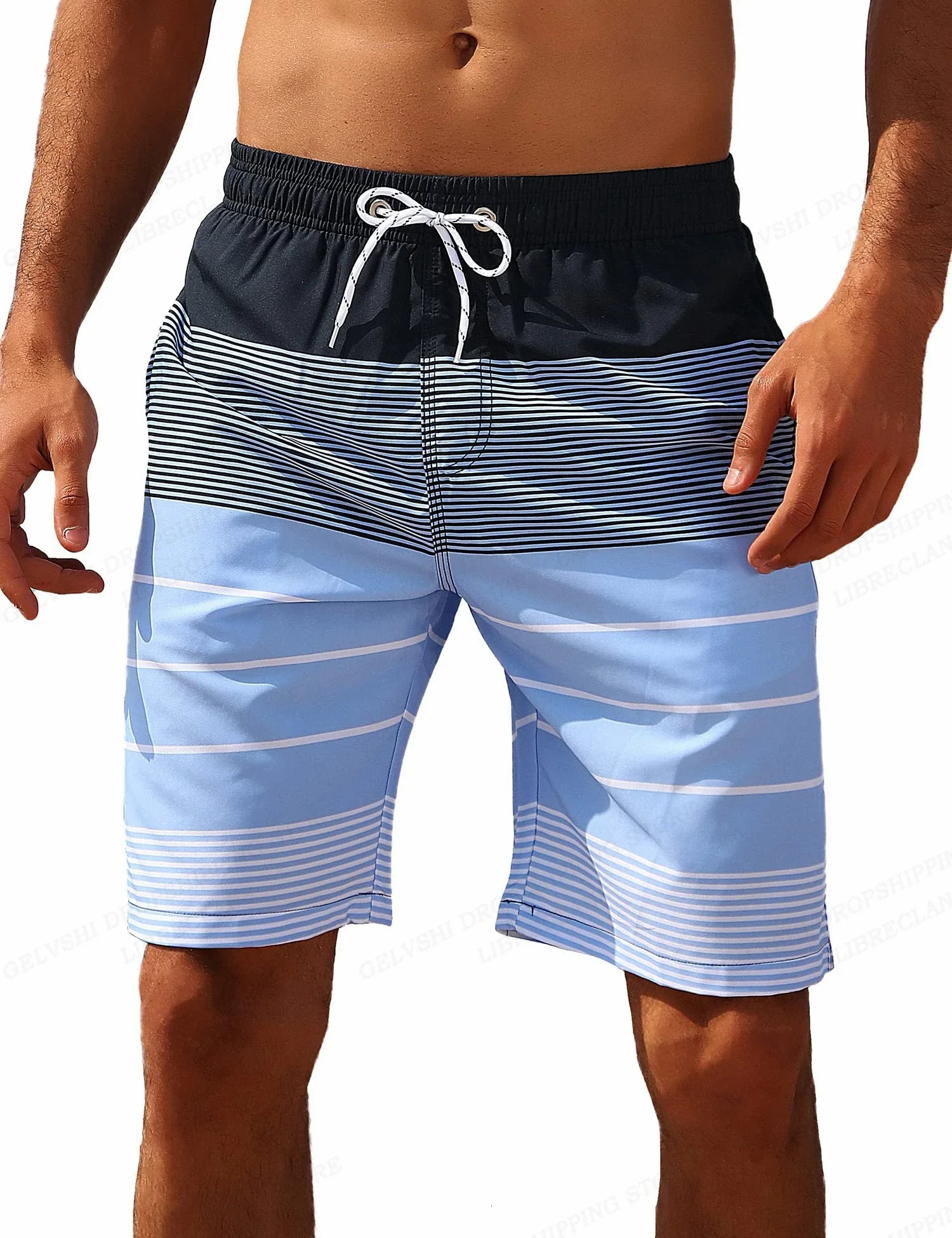 Summer Vacation Mens stripe Print Drawstring Waist Board Shorts Fashion Swim Trunks 3D Print Breathable Short Streetwear 260304