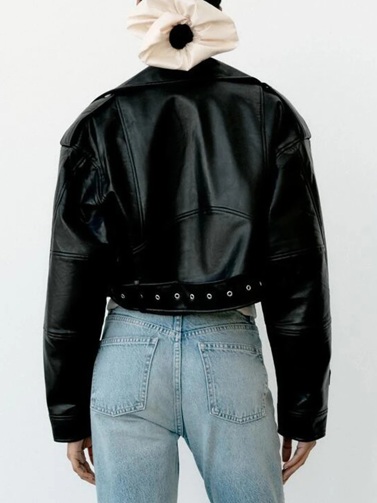 Ailegogo Spring Autumn Women Faux Pu Leather Short Jacket with Belt Motorcycle Biker Female Zipper Lapel Loose Coat Outwear 260306