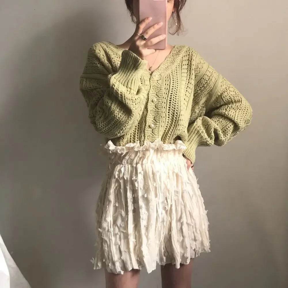 Women Spring Summer Sweater and Cardigans Low V-Neck Knit Tops Long Sleeve Hollow Out Sexy Cardigan Loose White Tops 260305