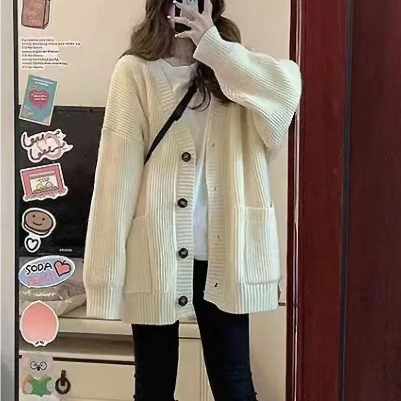 Korean version V-collar lazy wind cardigan Japanese department simple sweater female spring and autumn winter casual loose knit 260305