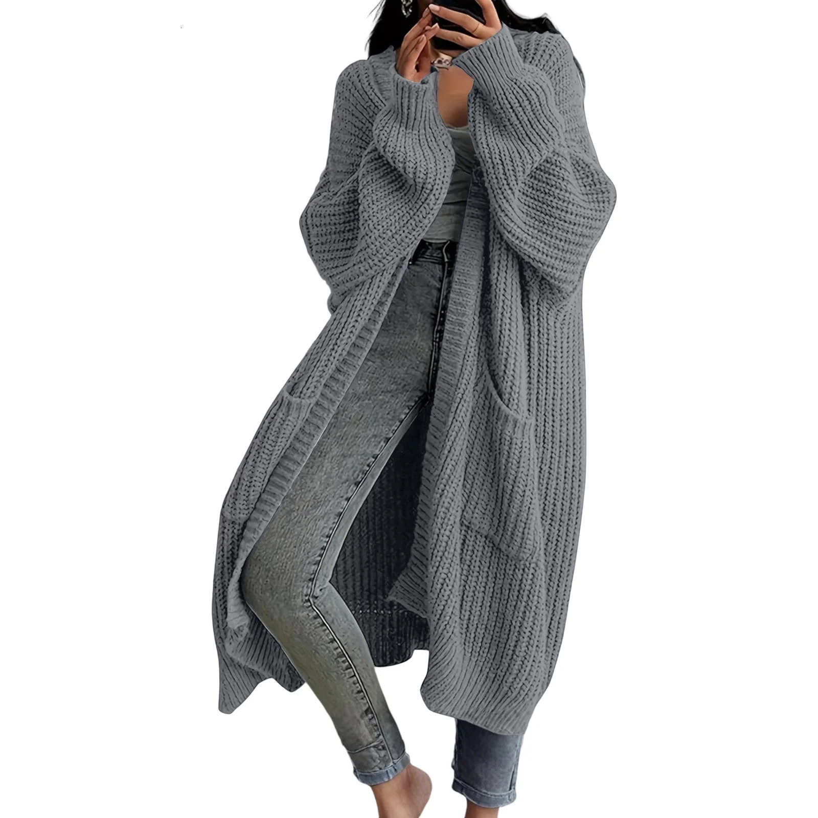 Womens Fashionable Solid Color Long Sleeved Knee Length Knitted Cardigan Fashion Lazy Trend Casual Warm Loose Outwear 260305