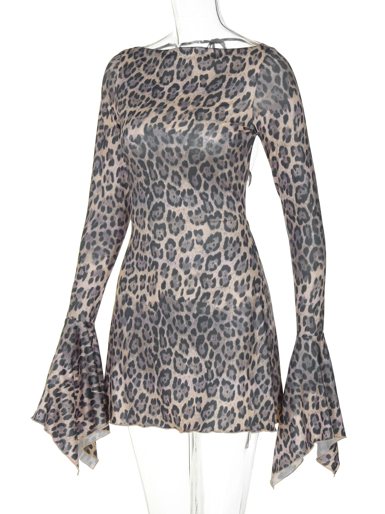 Hugcitar Leopard Print Long Flare Sleeve Backless Lace Up Sexy Slim Mini Dress Women Fashion Outfits Beach Festival 260306